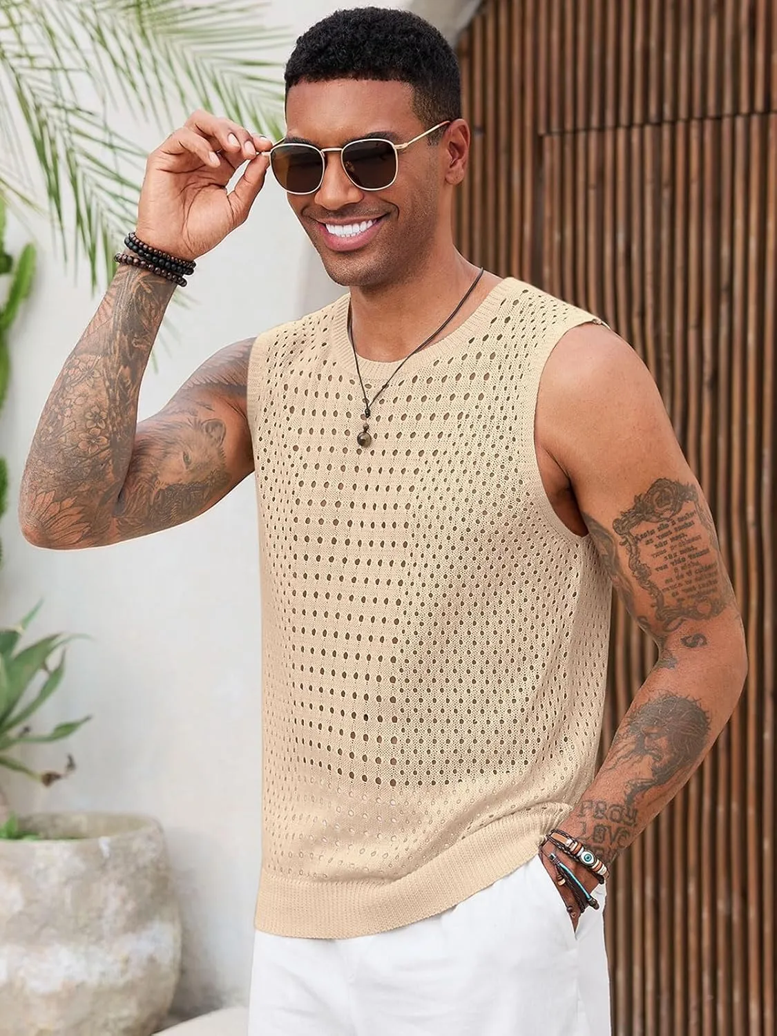 Runcati Mens Knit Sleeveless Tank Tops Casual Hollow Out T Shirts Beach Summer See Through Tops