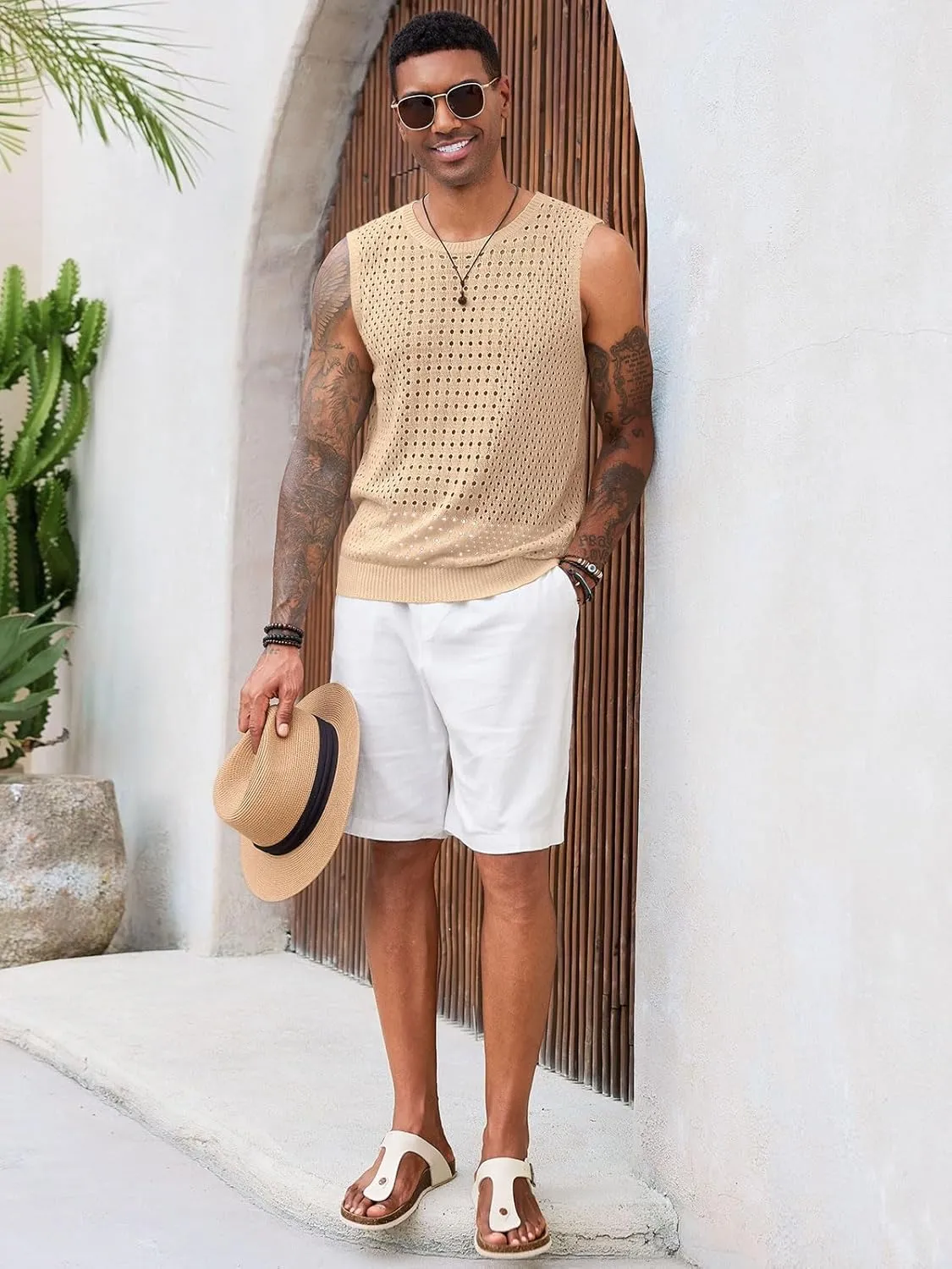 Runcati Mens Knit Sleeveless Tank Tops Casual Hollow Out T Shirts Beach Summer See Through Tops