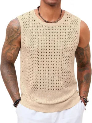 Runcati Mens Knit Sleeveless Tank Tops Casual Hollow Out T Shirts Beach Summer See Through Tops