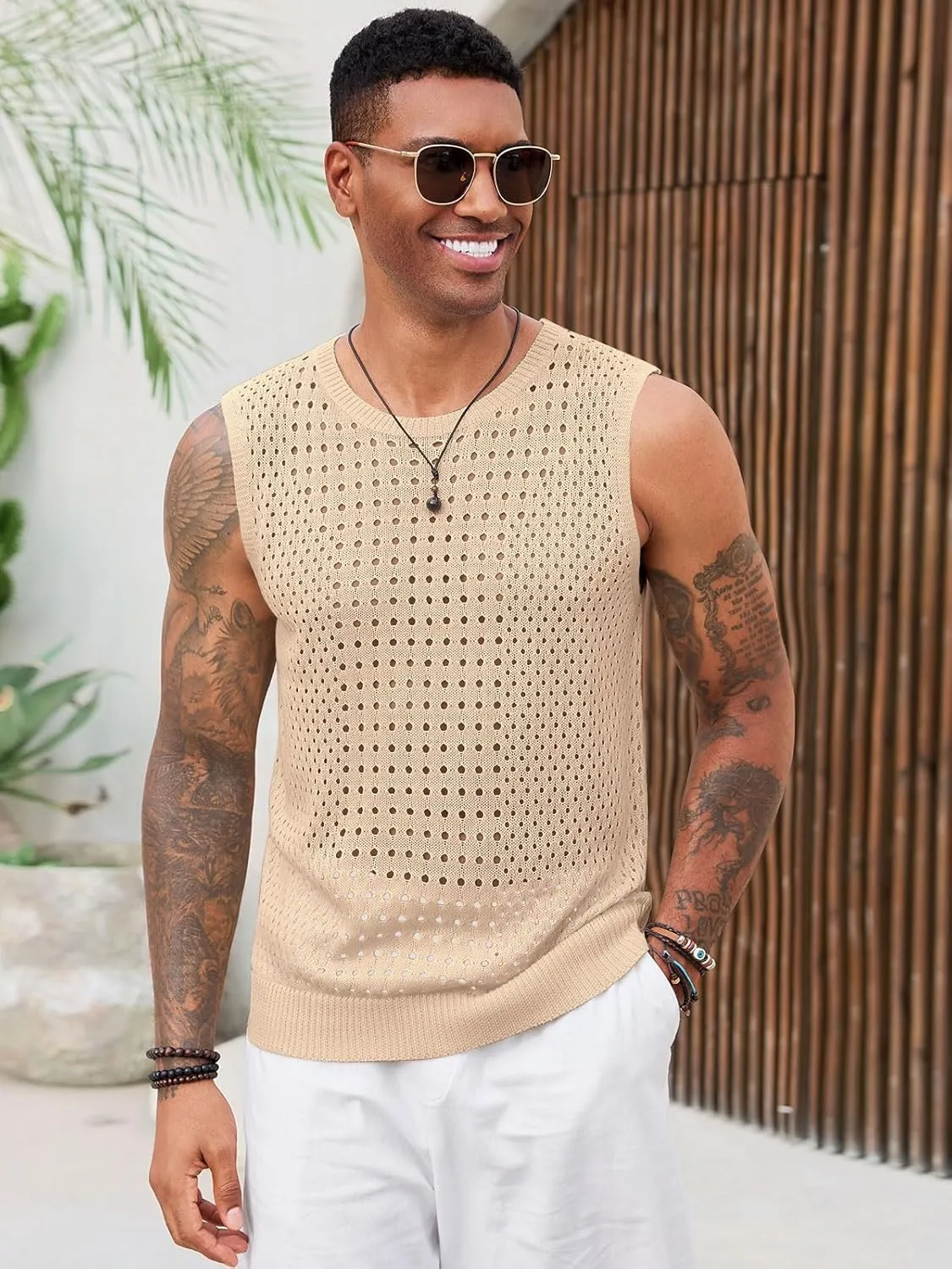 Runcati Mens Knit Sleeveless Tank Tops Casual Hollow Out T Shirts Beach Summer See Through Tops