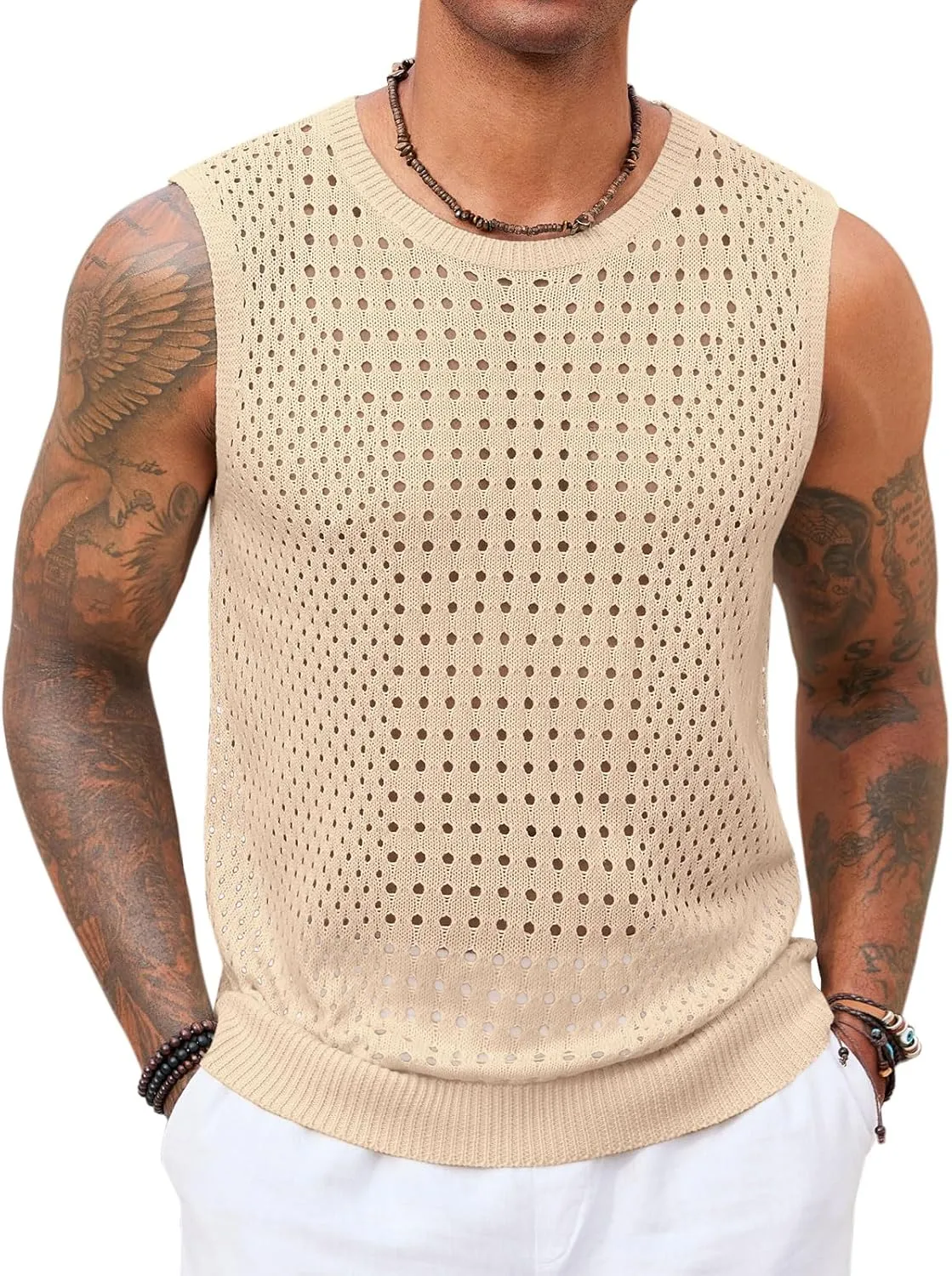 Runcati Mens Knit Sleeveless Tank Tops Casual Hollow Out T Shirts Beach Summer See Through Tops