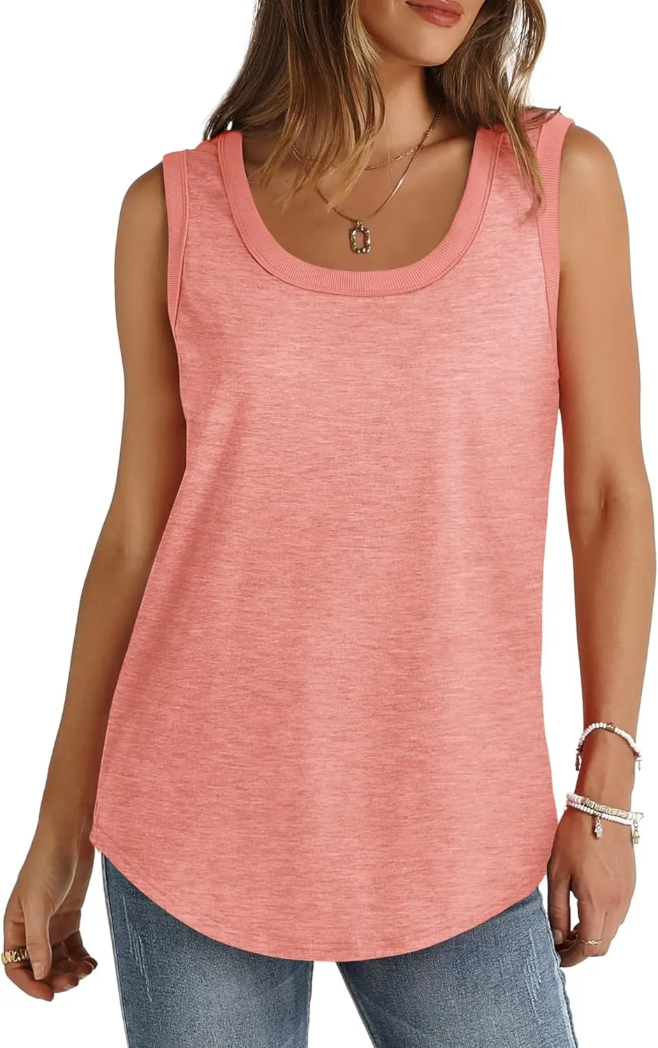 Saloogoe Womens Tank Tops Summer Loose Sleeveless Tops Ribbed Trim Scoop Neck Curved Hem 2024