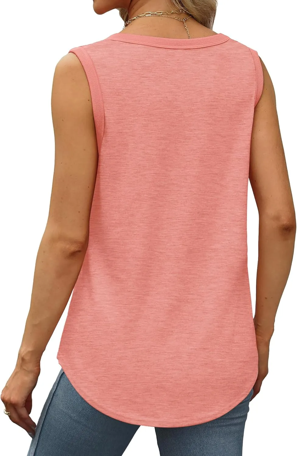 Saloogoe Womens Tank Tops Summer Loose Sleeveless Tops Ribbed Trim Scoop Neck Curved Hem 2024