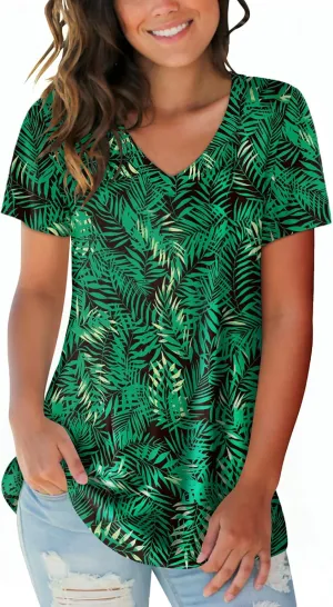 SAMPEEL Womens Summer Tops Floral Tees Short Sleeve Tunic V Neck T Shirts