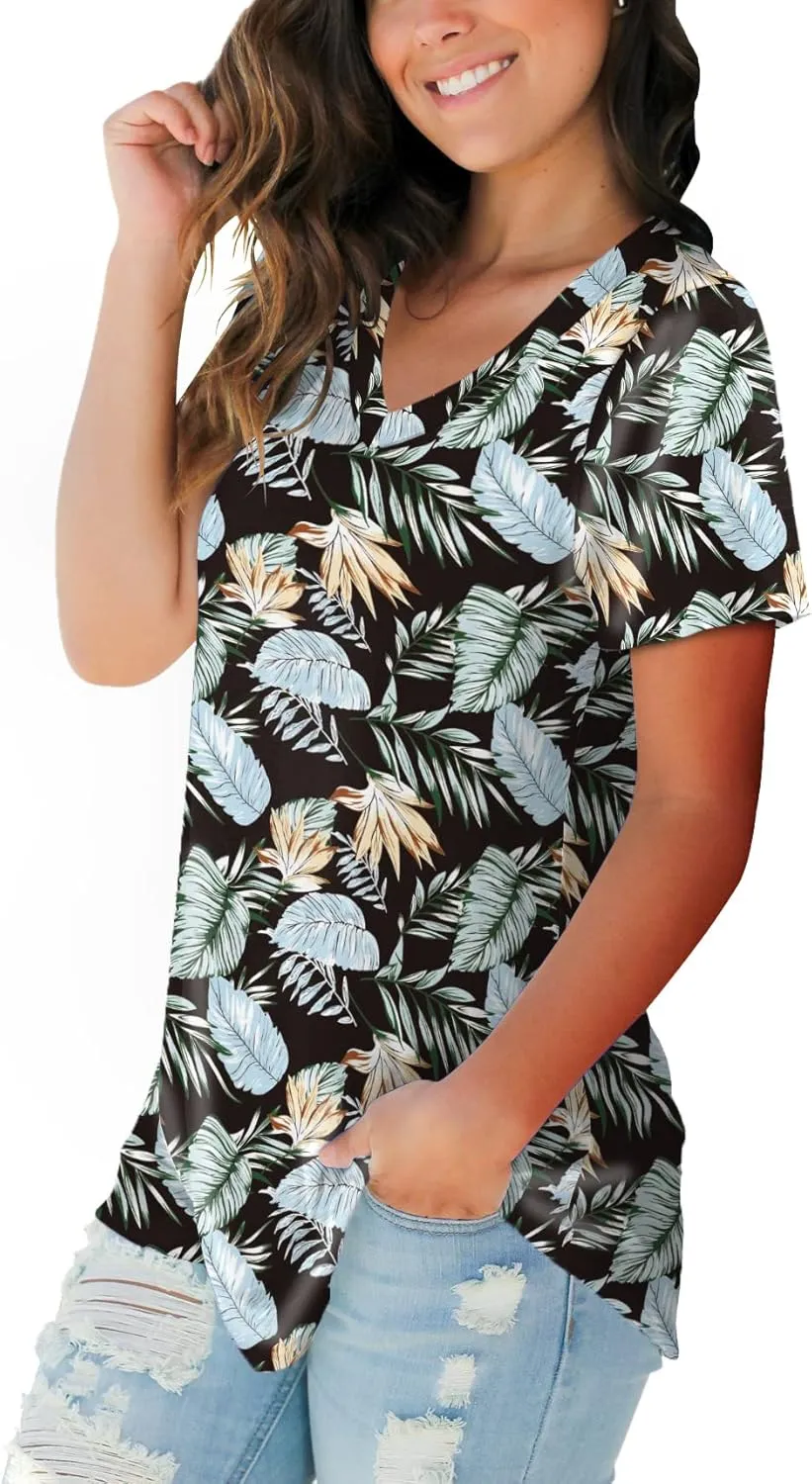 SAMPEEL Womens Summer Tops Floral Tees Short Sleeve Tunic V Neck T Shirts