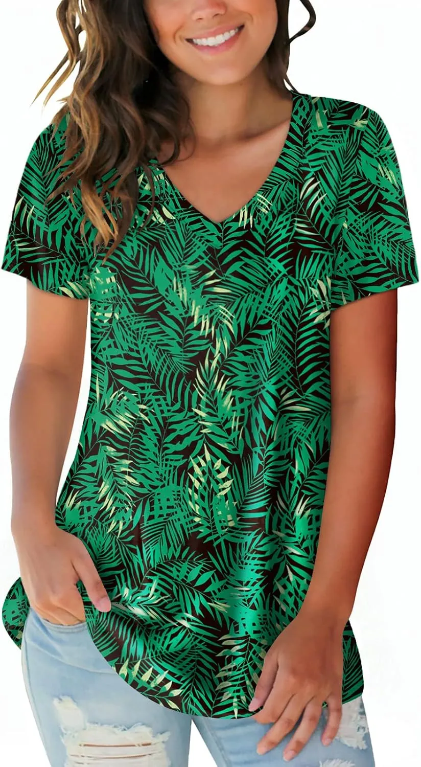 SAMPEEL Womens Summer Tops Floral Tees Short Sleeve Tunic V Neck T Shirts