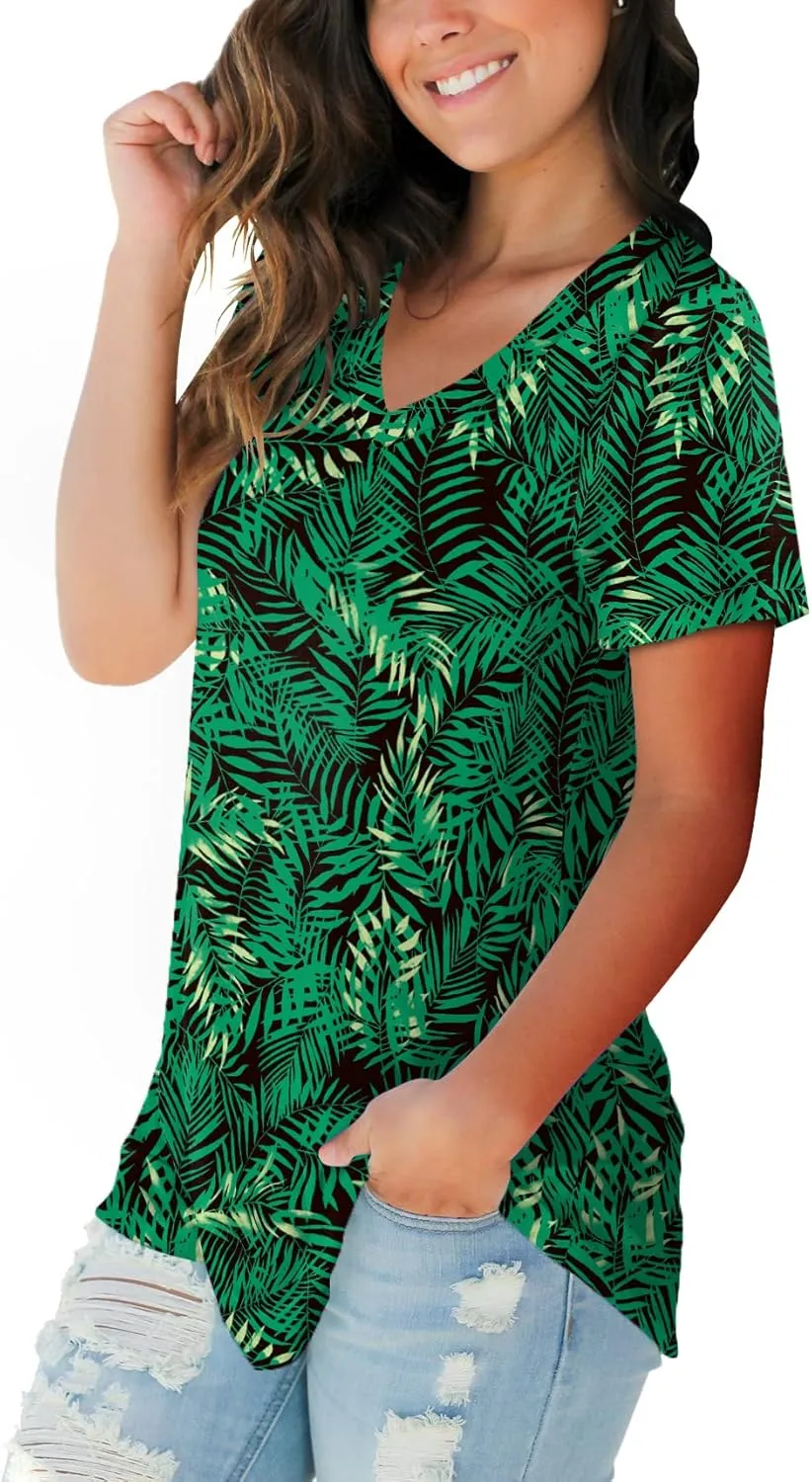 SAMPEEL Womens Summer Tops Floral Tees Short Sleeve Tunic V Neck T Shirts