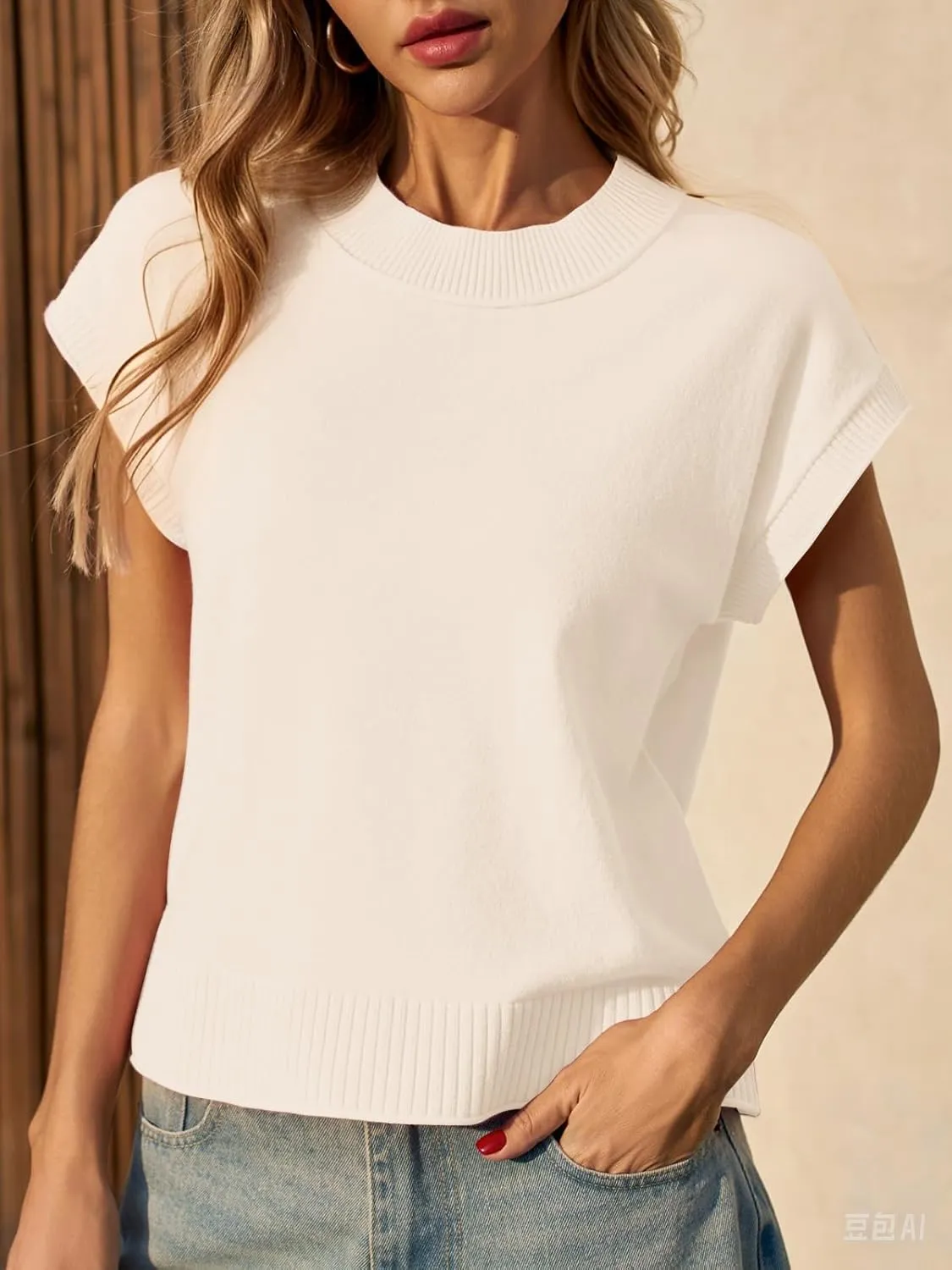 Saodimallsu Womens Cap Sleeve Sweater Vest Crew Neck Casual Loose Knit Summer Lightweight Pullover Tank Tops