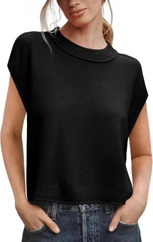 Saodimallsu Womens Cap Sleeve Sweater Vest Crew Neck Casual Loose Knit Summer Lightweight Pullover Tank Tops
