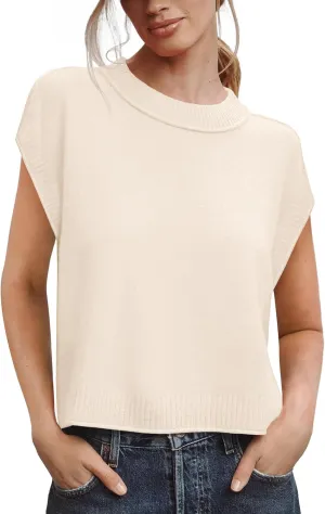 Saodimallsu Womens Cap Sleeve Sweater Vest Crew Neck Casual Loose Knit Summer Lightweight Pullover Tank Tops