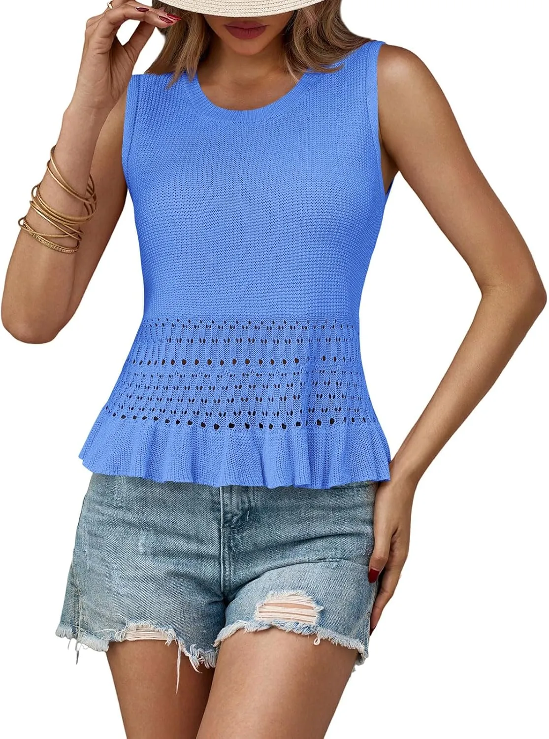 Saodimallsu Womens Crochet Crop Tank Tops Sleeveless Crew Neck Ruffle Summer Boho Knit Sweater Vest