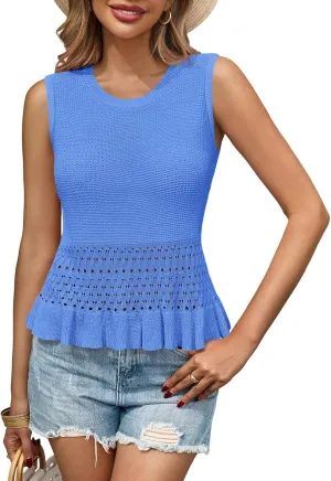 Saodimallsu Womens Crochet Crop Tank Tops Sleeveless Crew Neck Ruffle Summer Boho Knit Sweater Vest