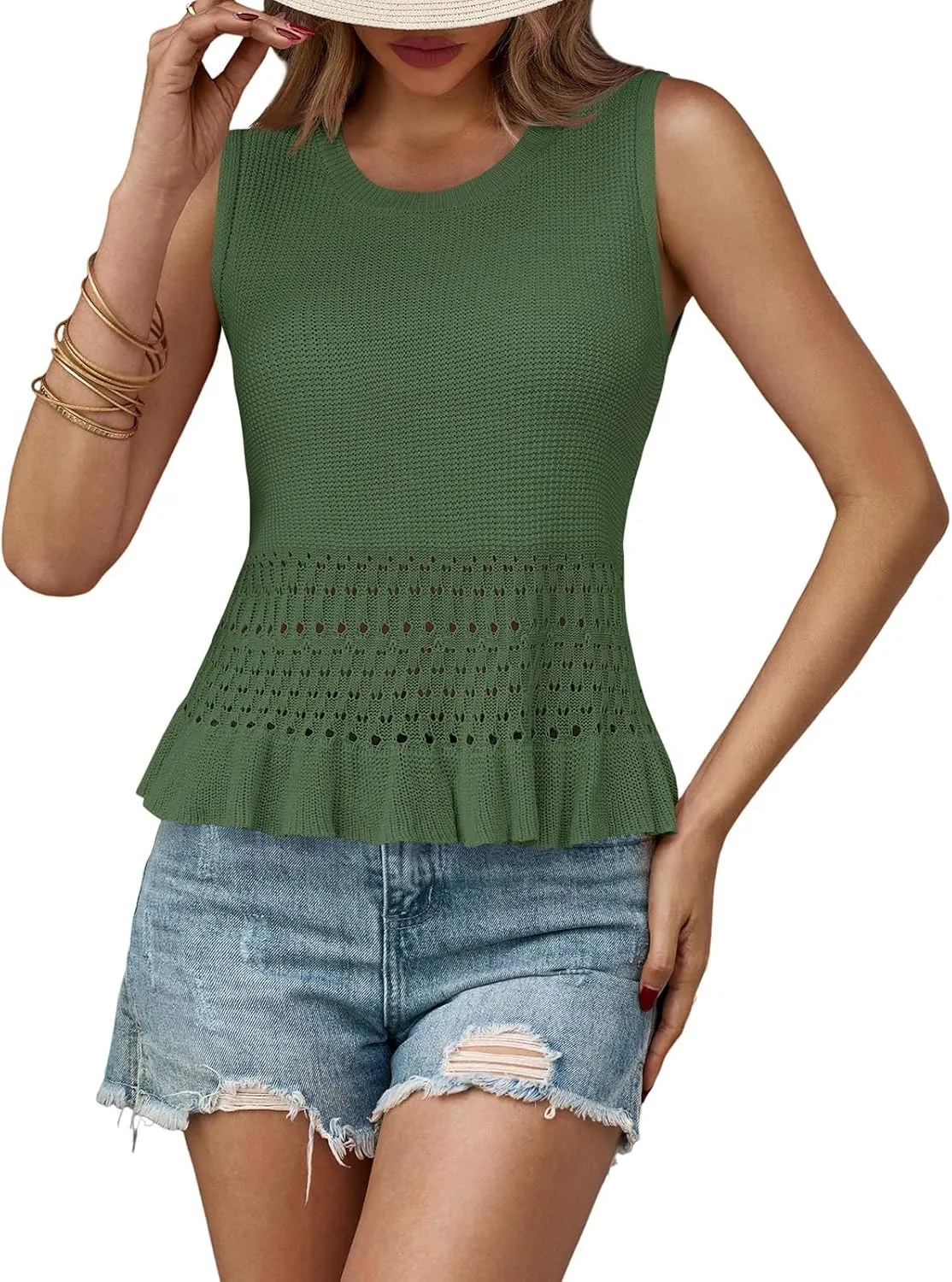 Saodimallsu Womens Crochet Crop Tank Tops Sleeveless Crew Neck Ruffle Summer Boho Knit Sweater Vest