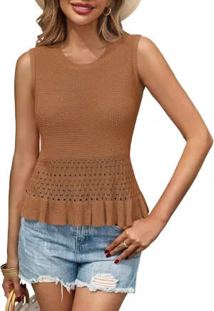 Saodimallsu Womens Crochet Crop Tank Tops Sleeveless Crew Neck Ruffle Summer Boho Knit Sweater Vest