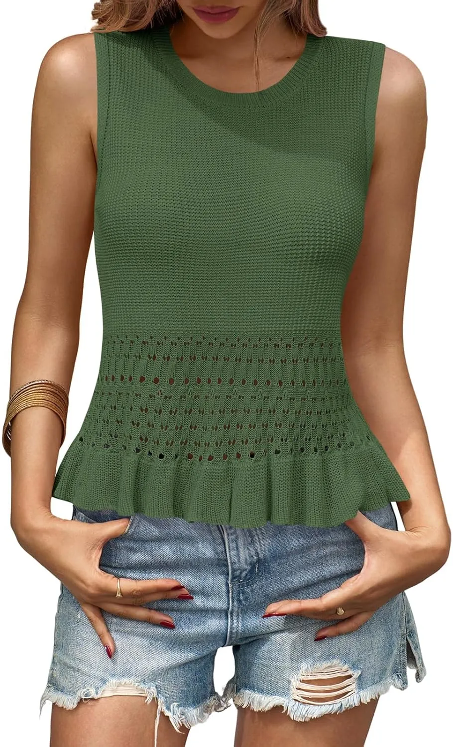 Saodimallsu Womens Crochet Crop Tank Tops Sleeveless Crew Neck Ruffle Summer Boho Knit Sweater Vest