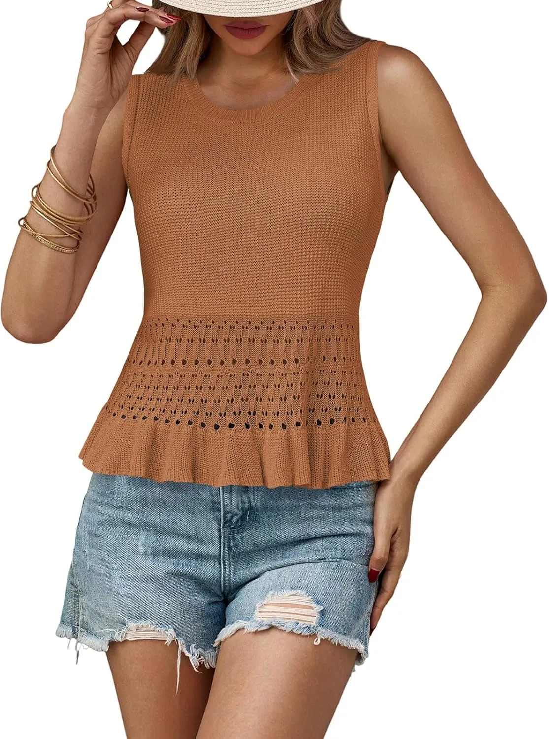 Saodimallsu Womens Crochet Crop Tank Tops Sleeveless Crew Neck Ruffle Summer Boho Knit Sweater Vest