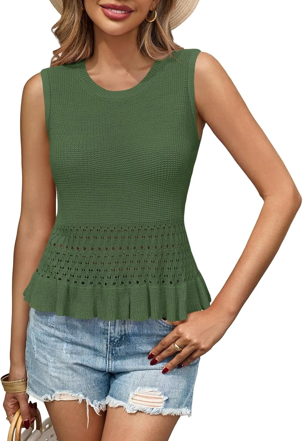 Saodimallsu Womens Crochet Crop Tank Tops Sleeveless Crew Neck Ruffle Summer Boho Knit Sweater Vest