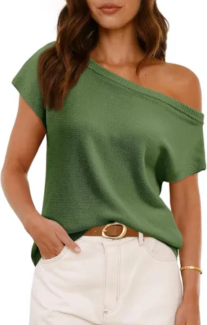 Saodimallsu Womens Off One Shoulder Sweater Tops Summer Short Sleeve Casual Loose Knit Trendy Going Out Tops