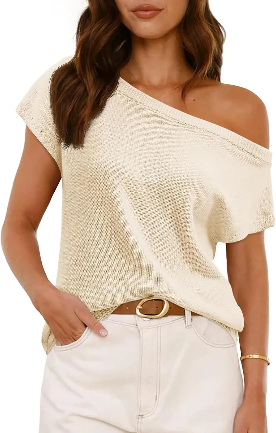 Saodimallsu Womens Off One Shoulder Sweater Tops Summer Short Sleeve Casual Loose Knit Trendy Going Out Tops