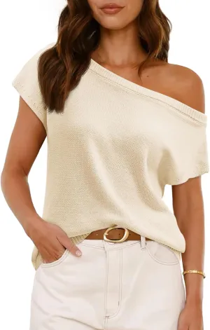 Saodimallsu Womens Off One Shoulder Sweater Tops Summer Short Sleeve Casual Loose Knit Trendy Going Out Tops