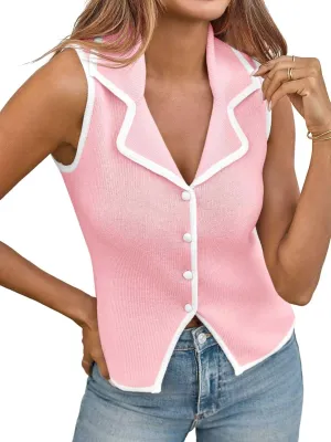Saodimallsu Womens Sleeveless Sweater Vest Button Color Block Sexy V Neck Collared Summer Knit Tank Tops