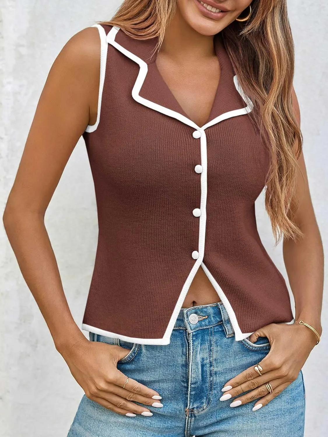 Saodimallsu Womens Sleeveless Sweater Vest Button Color Block Sexy V Neck Collared Summer Knit Tank Tops