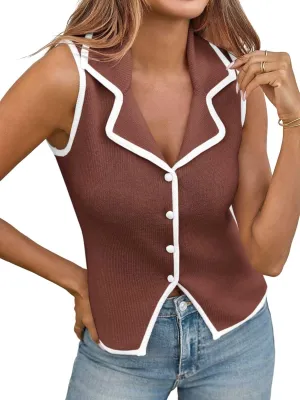 Saodimallsu Womens Sleeveless Sweater Vest Button Color Block Sexy V Neck Collared Summer Knit Tank Tops