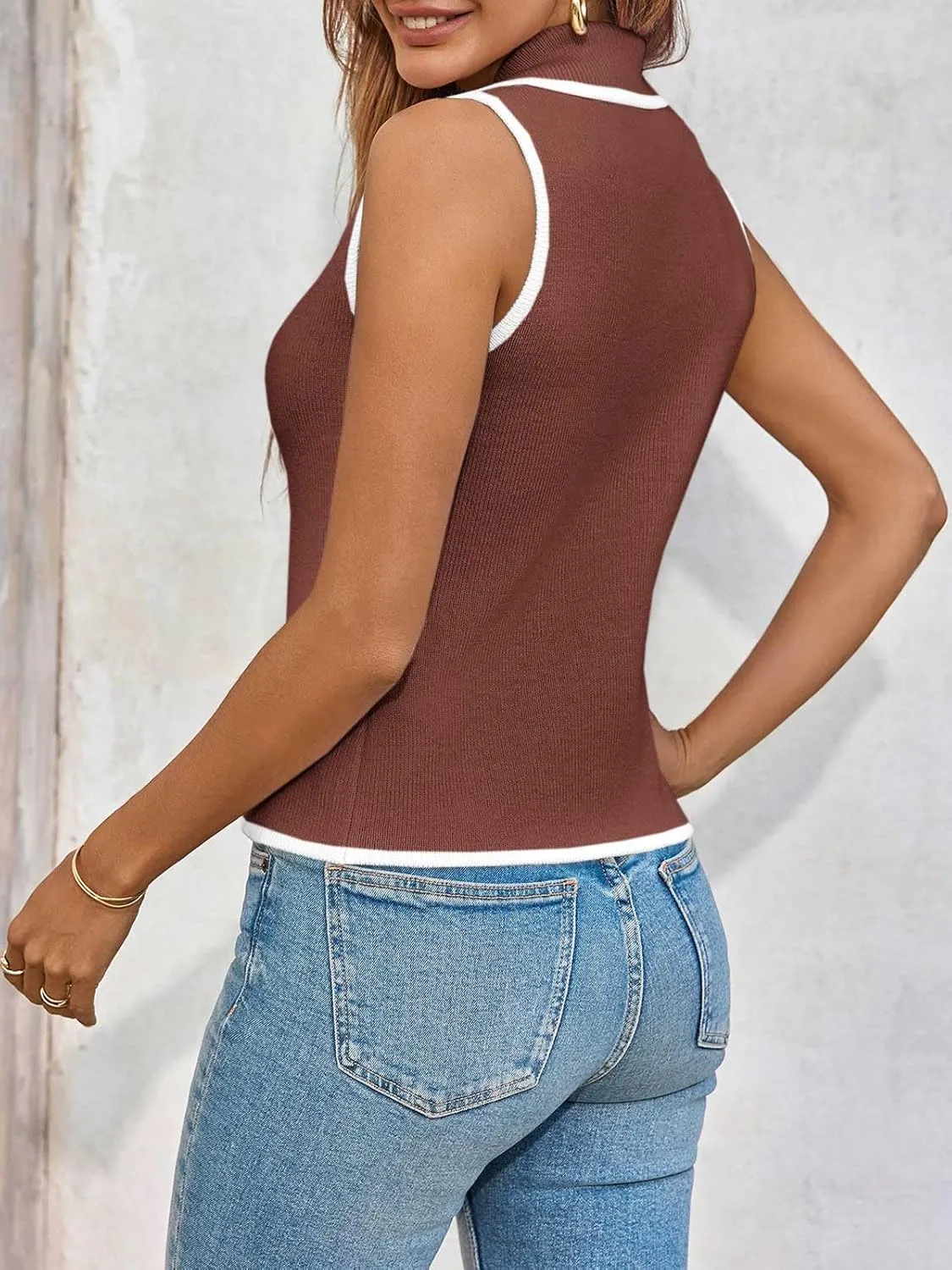 Saodimallsu Womens Sleeveless Sweater Vest Button Color Block Sexy V Neck Collared Summer Knit Tank Tops