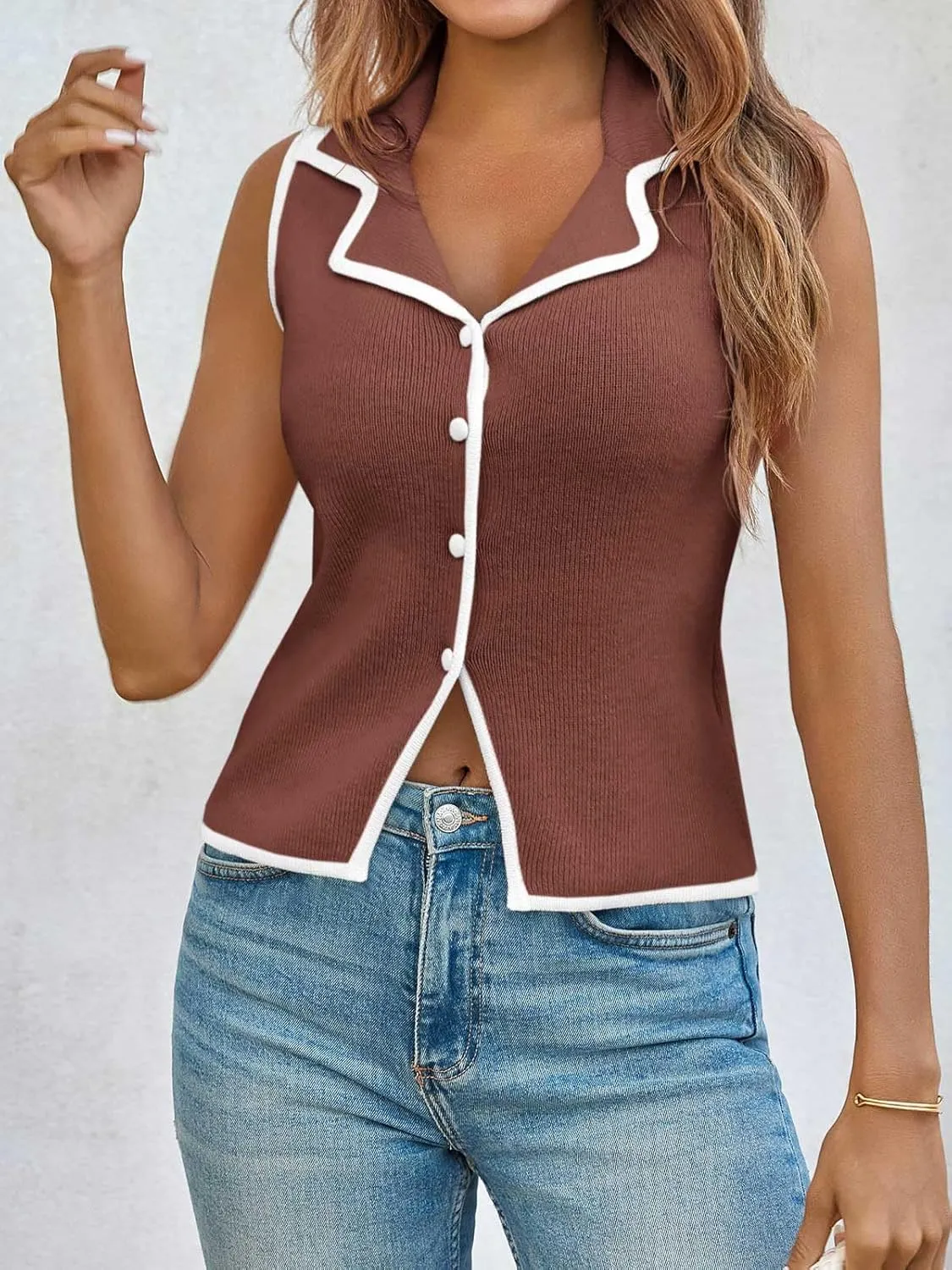 Saodimallsu Womens Sleeveless Sweater Vest Button Color Block Sexy V Neck Collared Summer Knit Tank Tops