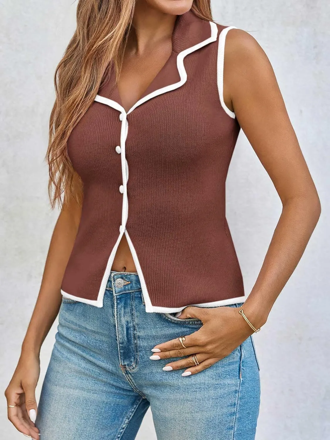 Saodimallsu Womens Sleeveless Sweater Vest Button Color Block Sexy V Neck Collared Summer Knit Tank Tops