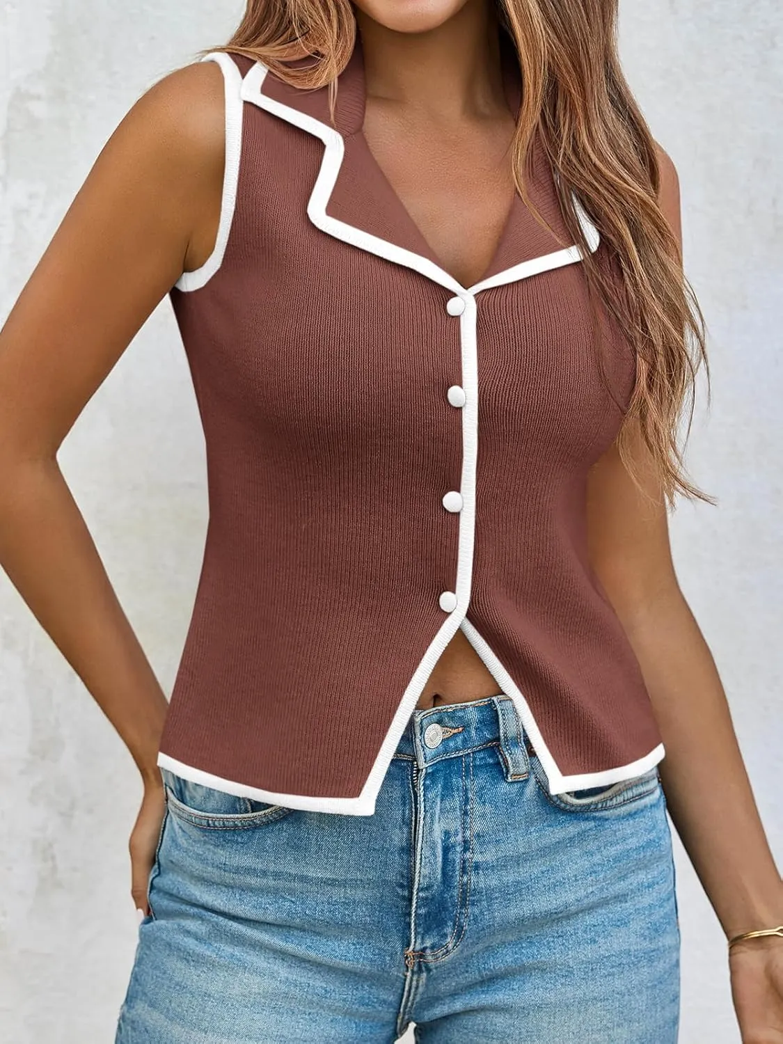 Saodimallsu Womens Sleeveless Sweater Vest Button Color Block Sexy V Neck Collared Summer Knit Tank Tops