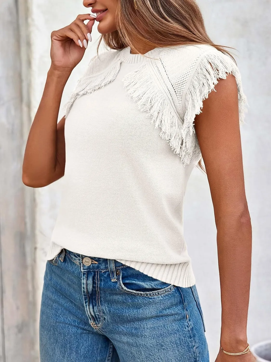 Saodimallsu Womens Sleeveless Sweater Vest Fringe Cap Sleeve Western Boho Trendy Crew Neck Pullover Knit Tops