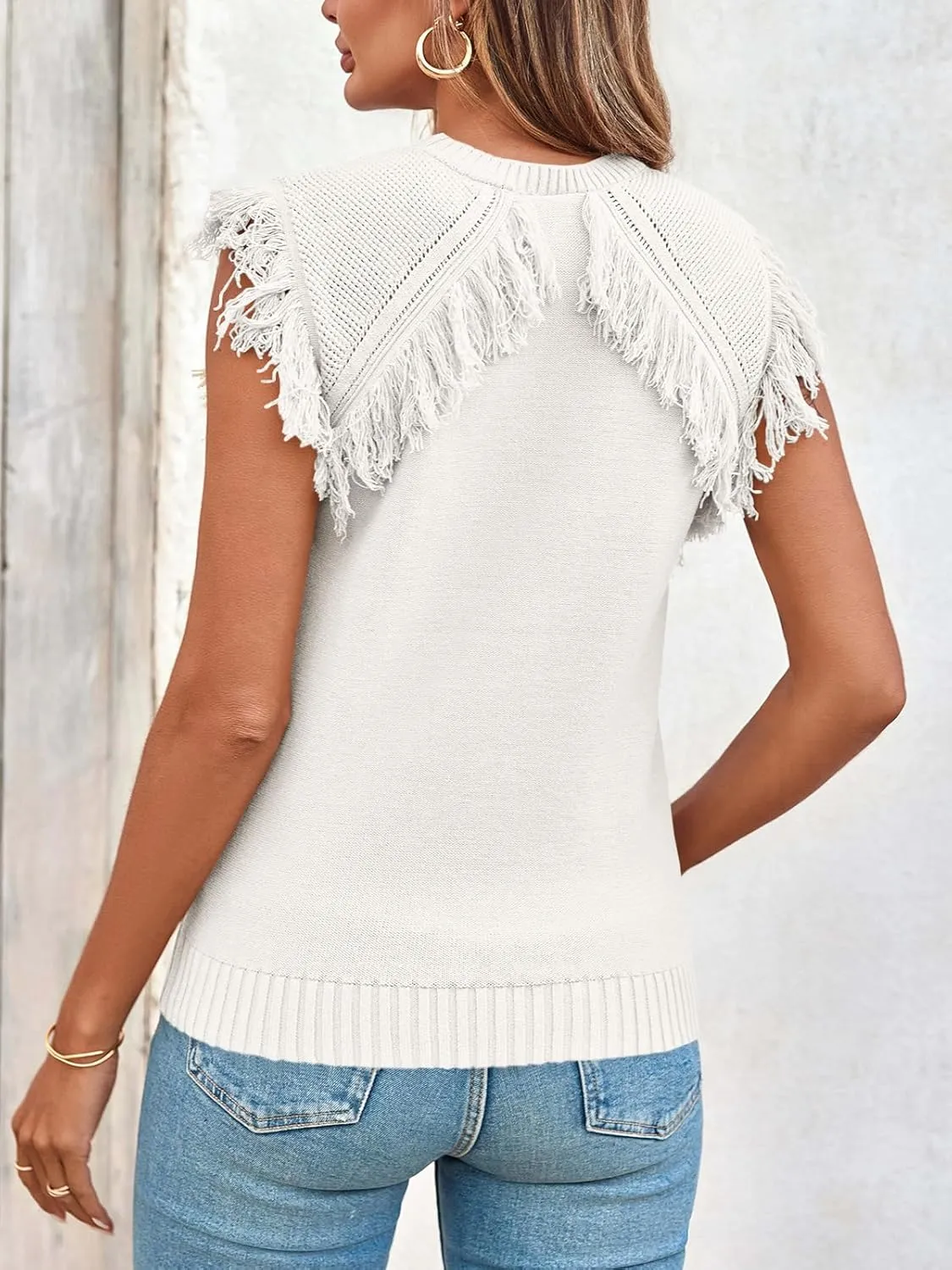 Saodimallsu Womens Sleeveless Sweater Vest Fringe Cap Sleeve Western Boho Trendy Crew Neck Pullover Knit Tops