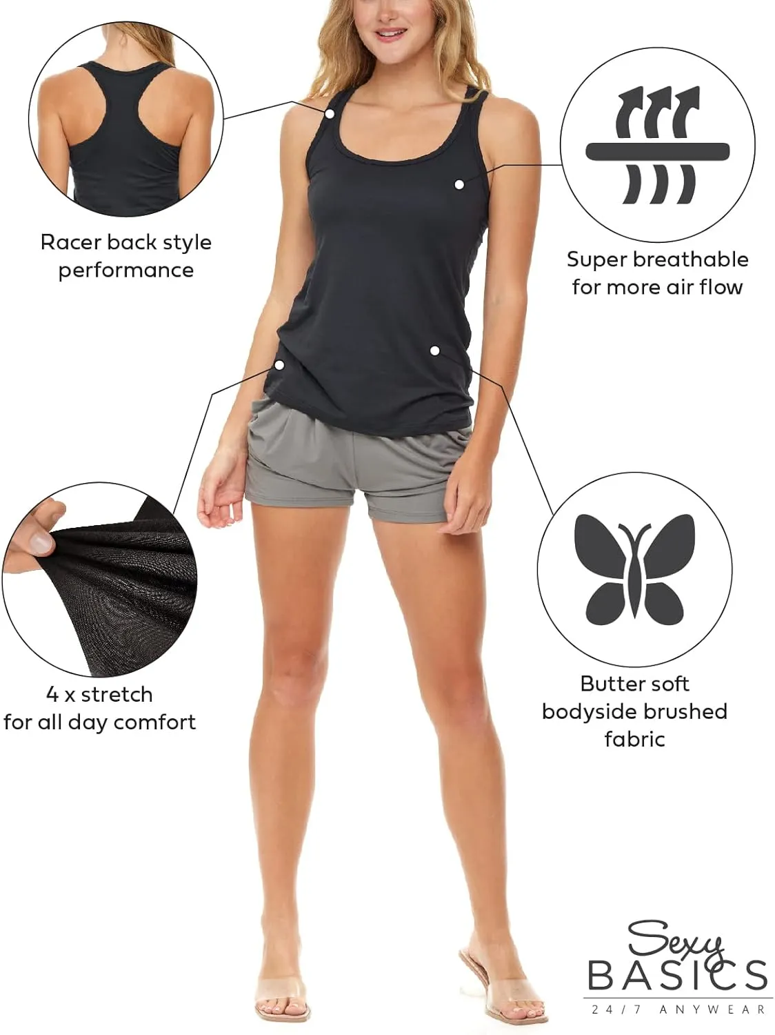 Sexy Basics Women's 5 Pack Racerback Workout Tank Tops | Buttery Soft Color Spandex Flex Tanks