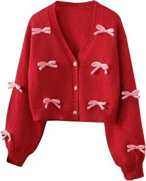 SHENHE Girl's Bow Button Down Knitted Cardigan V Neck Loose Cute Crop Sweater Outwear