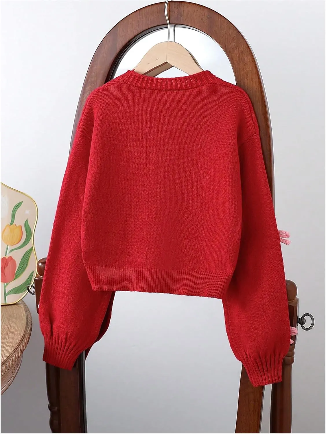 SHENHE Girl's Bow Button Down Knitted Cardigan V Neck Loose Cute Crop Sweater Outwear