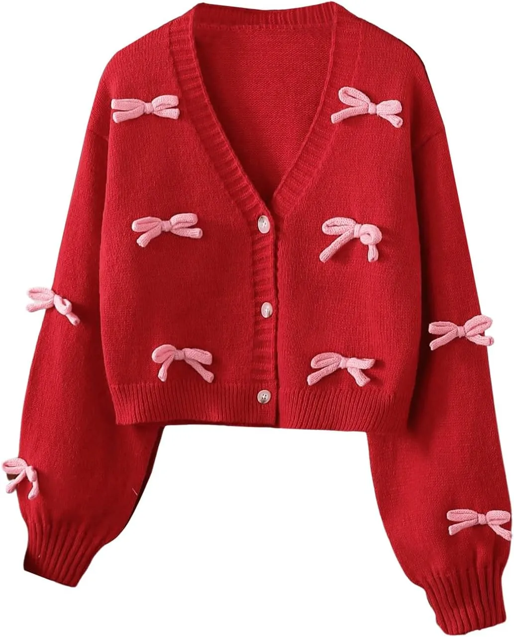 SHENHE Girl's Bow Button Down Knitted Cardigan V Neck Loose Cute Crop Sweater Outwear