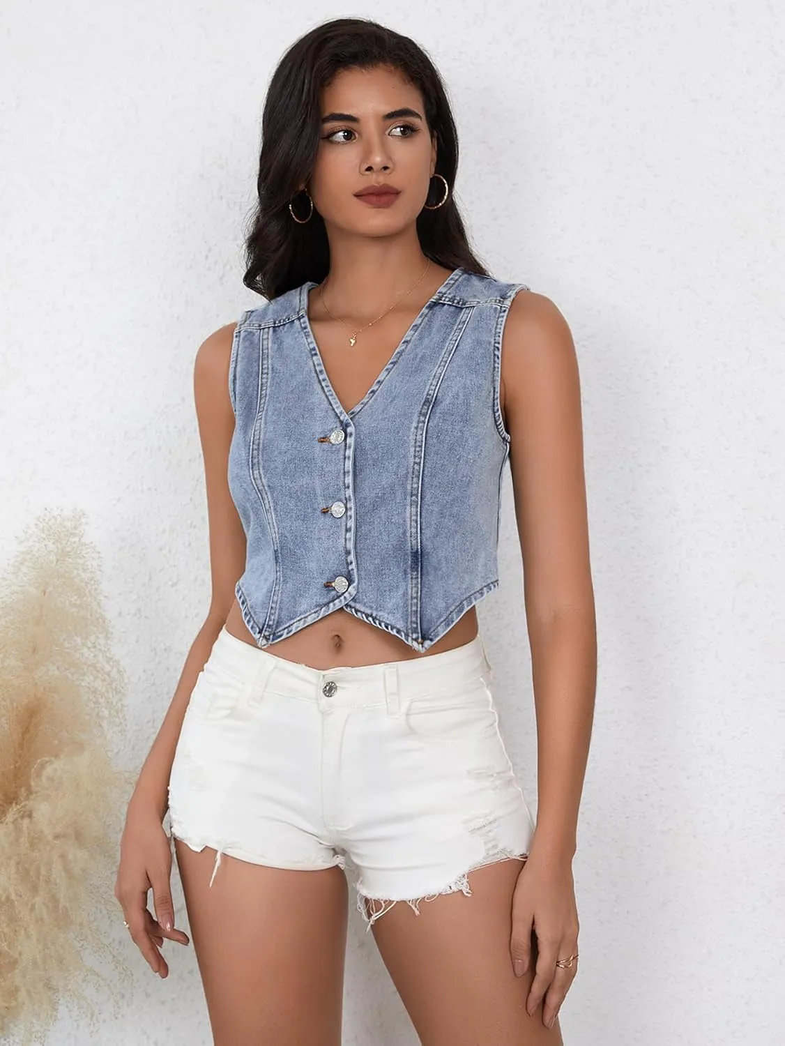 SHENHE Women's Denim Vest Button Down Sleeveless Jean Vest Top Y2K Cropped Denim Jacket Country Fashion Western Clothes