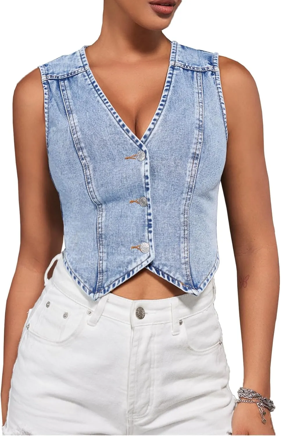SHENHE Women's Denim Vest Button Down Sleeveless Jean Vest Top Y2K Cropped Denim Jacket Country Fashion Western Clothes