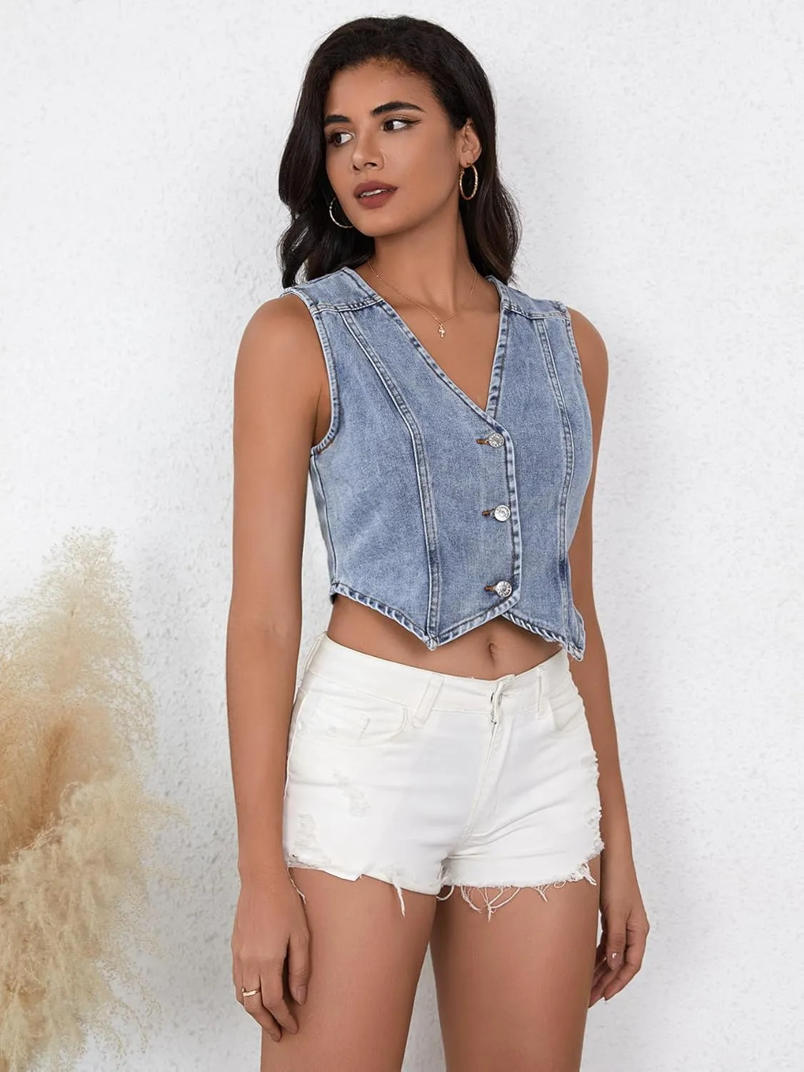 SHENHE Women's Denim Vest Button Down Sleeveless Jean Vest Top Y2K Cropped Denim Jacket Country Fashion Western Clothes