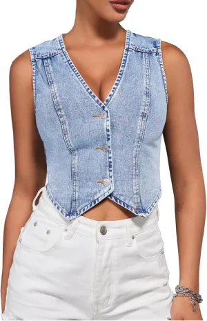 SHENHE Women's Denim Vest Button Down Sleeveless Jean Vest Top Y2K Cropped Denim Jacket Country Fashion Western Clothes