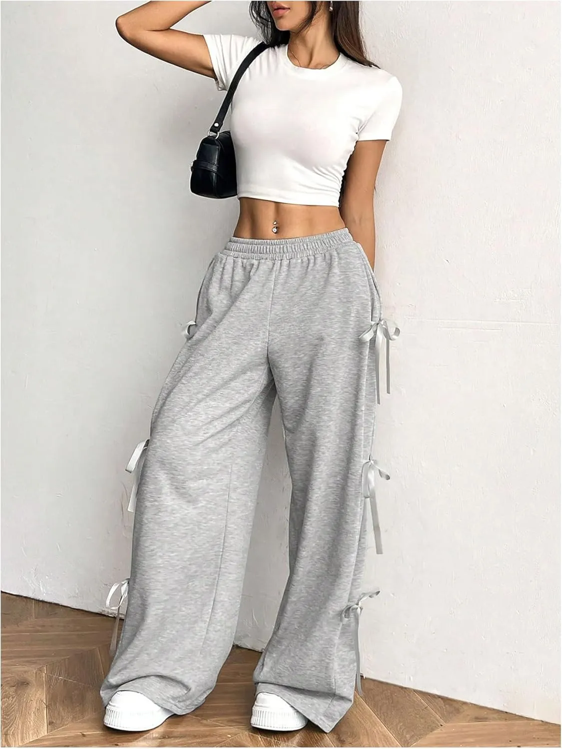 SHENHE Women's Wide Leg Baggy Sweatpants Elastic Waist Tie Bow Pants Loose Long Pants
