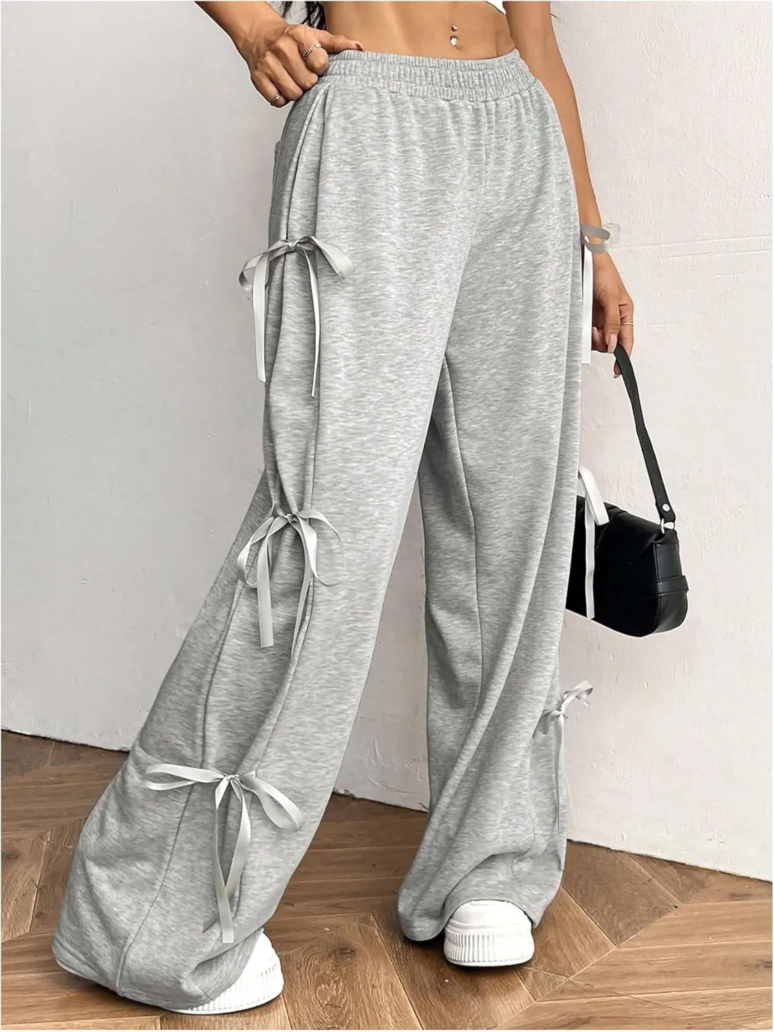 SHENHE Women's Wide Leg Baggy Sweatpants Elastic Waist Tie Bow Pants Loose Long Pants