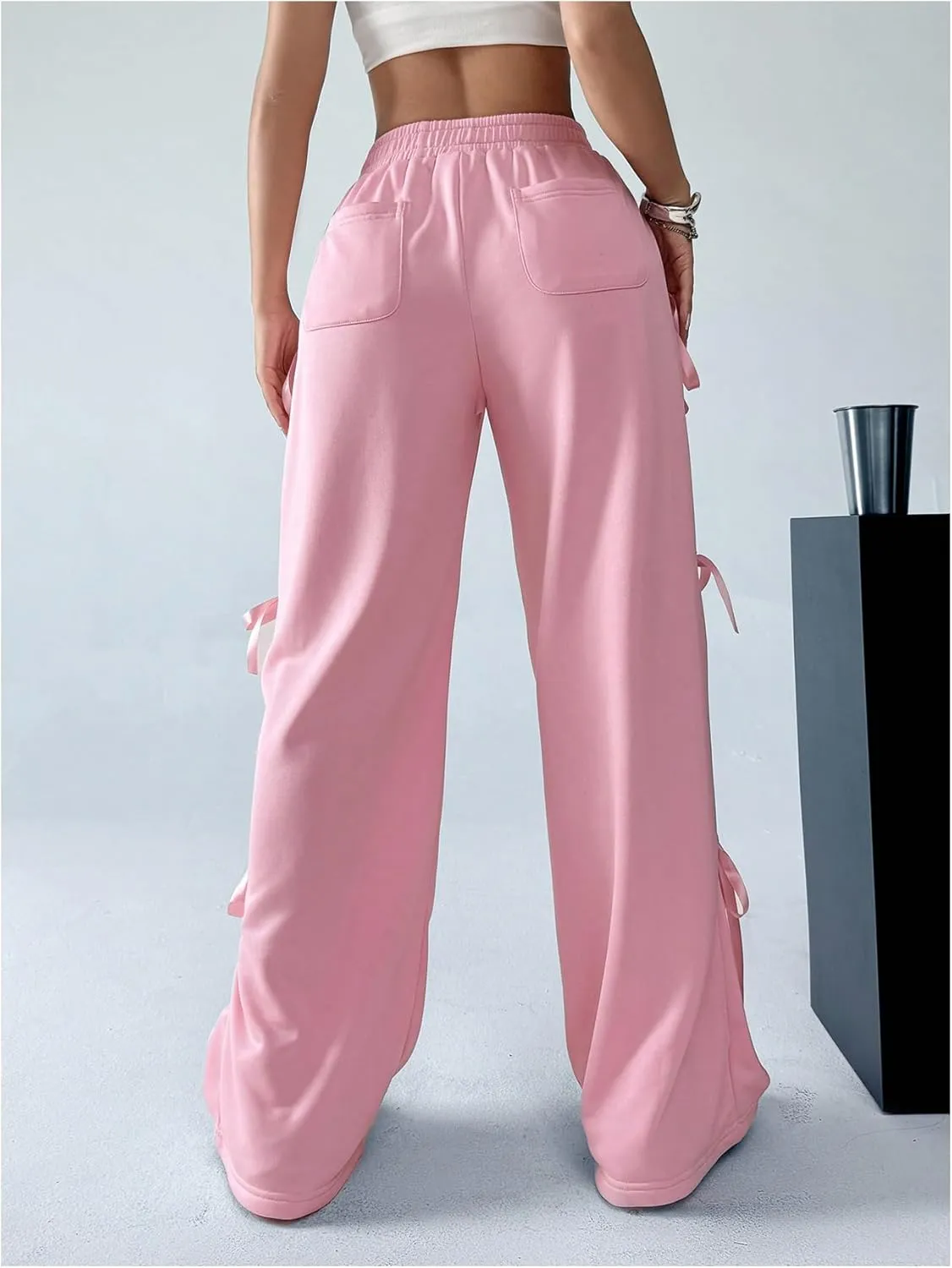 SHENHE Women's Wide Leg Baggy Sweatpants Elastic Waist Tie Bow Pants Loose Long Pants