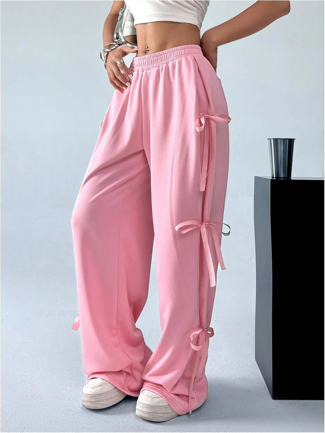 SHENHE Women's Wide Leg Baggy Sweatpants Elastic Waist Tie Bow Pants Loose Long Pants