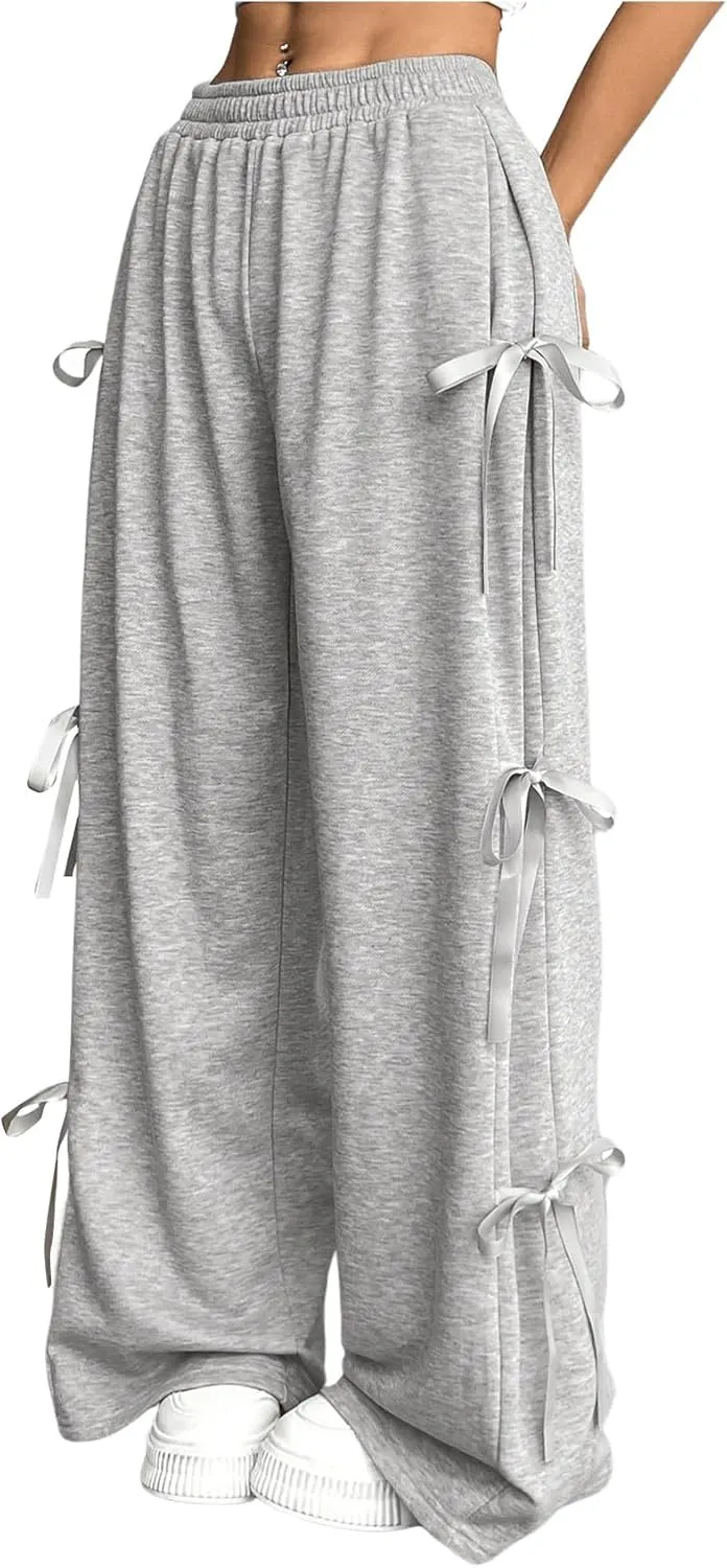 SHENHE Women's Wide Leg Baggy Sweatpants Elastic Waist Tie Bow Pants Loose Long Pants