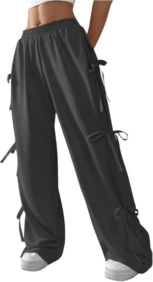 SHENHE Women's Wide Leg Baggy Sweatpants Elastic Waist Tie Bow Pants Loose Long Pants