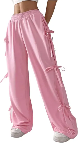 SHENHE Women's Wide Leg Baggy Sweatpants Elastic Waist Tie Bow Pants Loose Long Pants