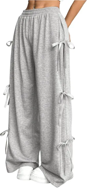 SHENHE Women's Wide Leg Baggy Sweatpants Elastic Waist Tie Bow Pants Loose Long Pants