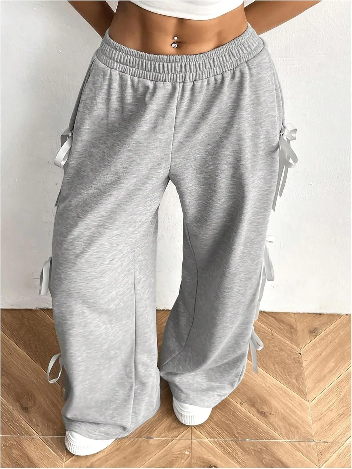 SHENHE Women's Wide Leg Baggy Sweatpants Elastic Waist Tie Bow Pants Loose Long Pants